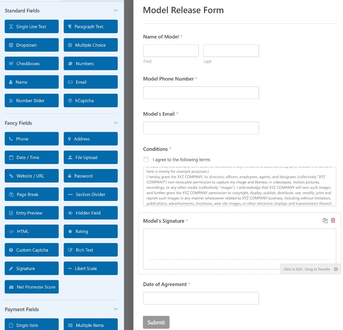 form builder model release form