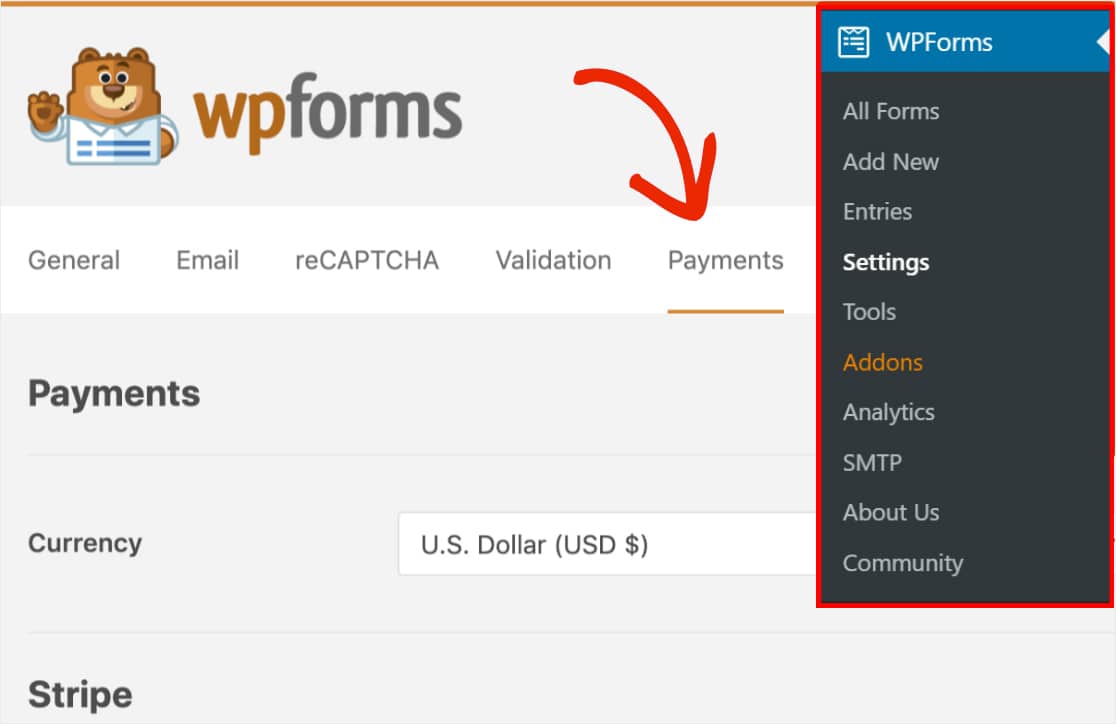 open the payments tab in the wpforms settings