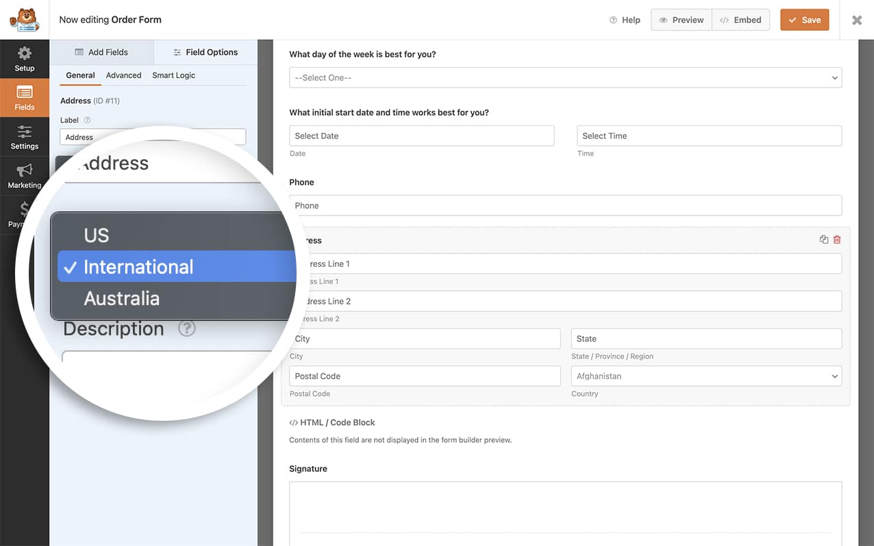 you can now select the additional schemes for the address field from the Schemes dropdown on the Address form field.