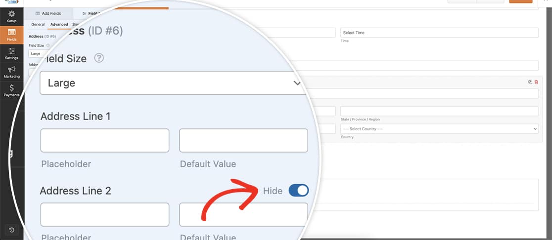 toggle the switch to hide certain fields in the International Address Scheme that you do not wish to display