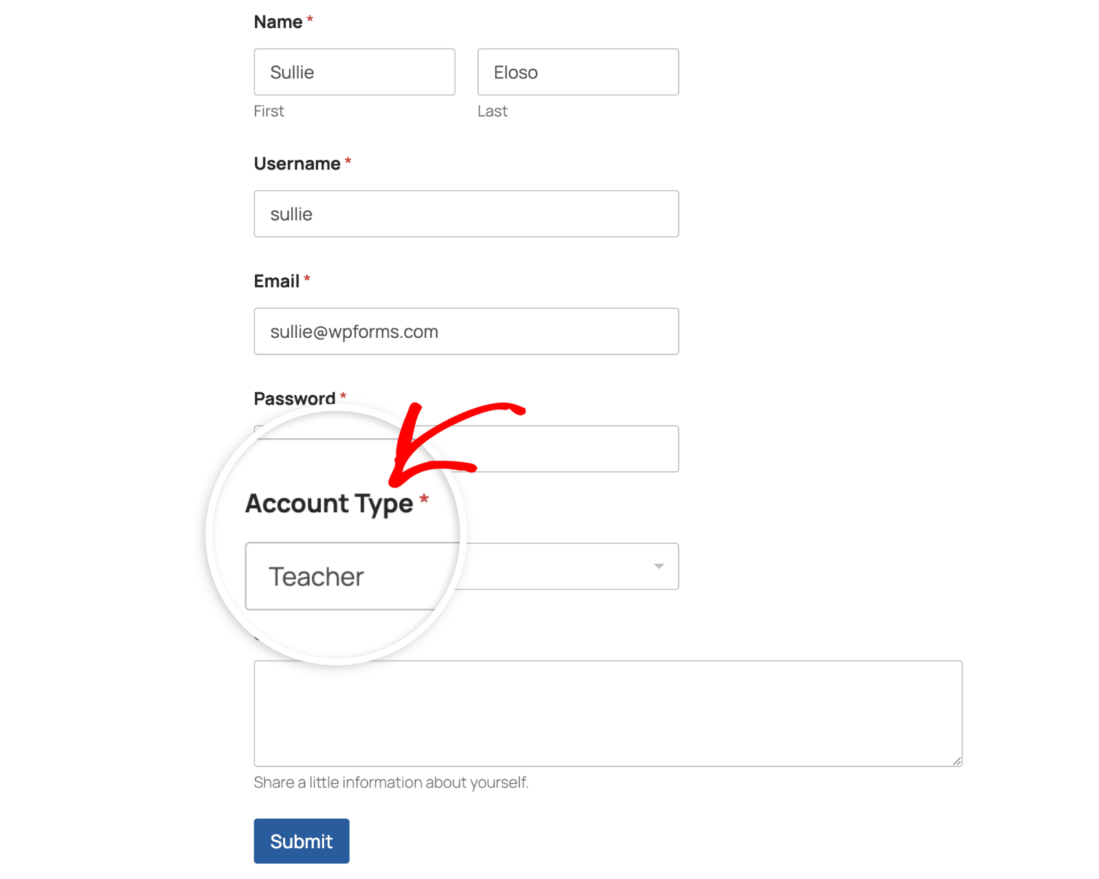 Select Account type in frontend to assign user role conditionally