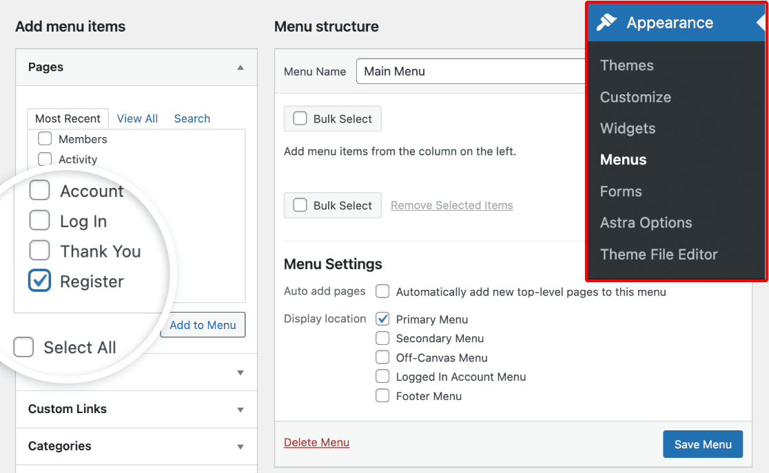 Adding your custom registration page to your site's menu