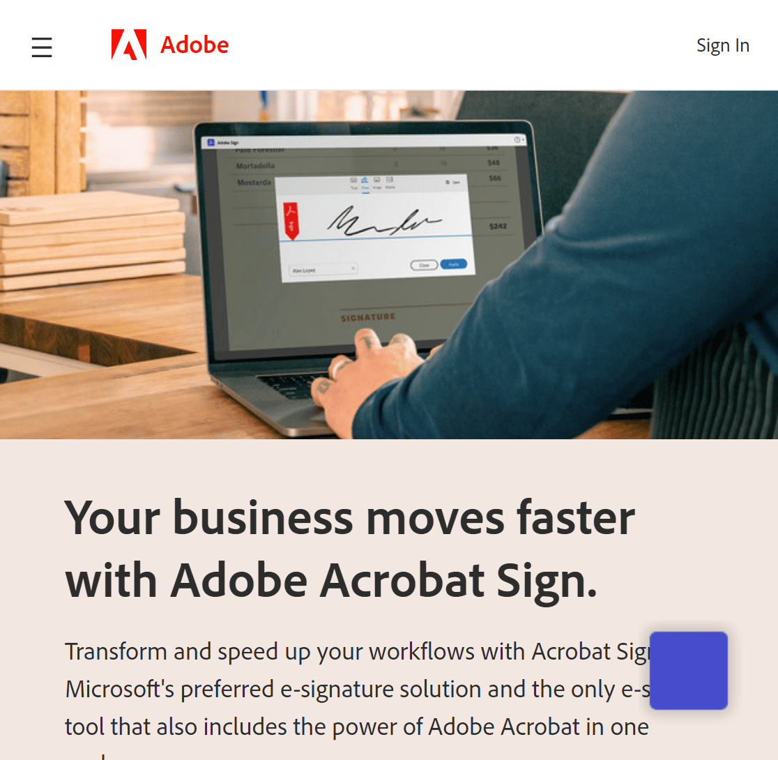 Screenshot of Acrobat Sign homepage