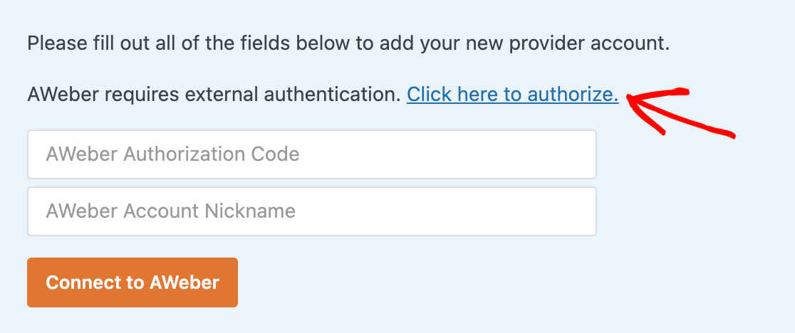 Click to authorize link for AWeber in WPForms