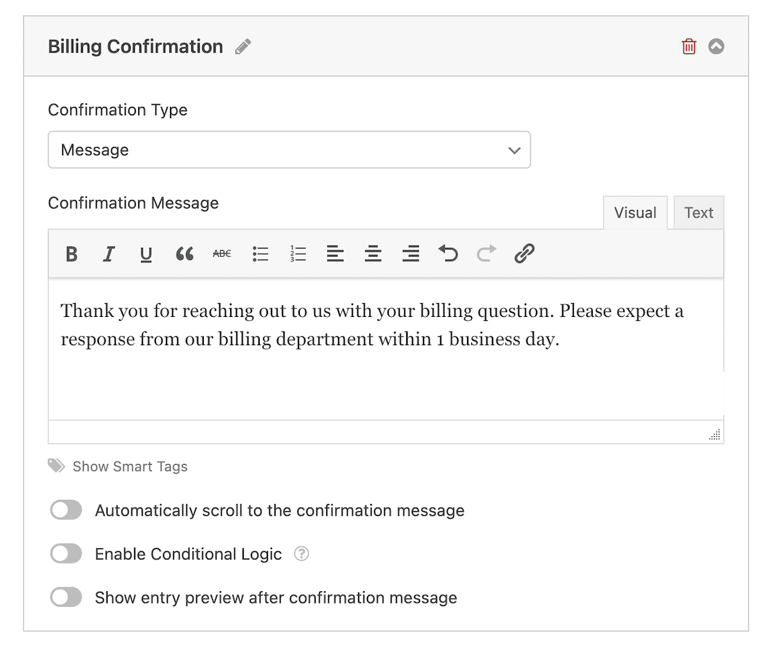 billing confirmation message