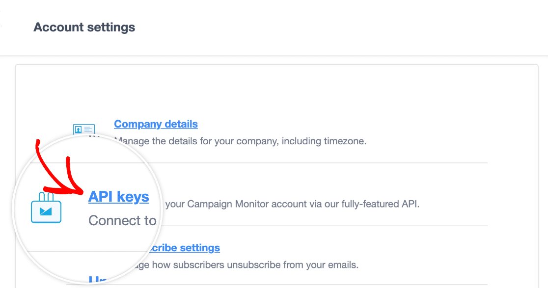Accessing the API Keys settings in Campaign Monitor