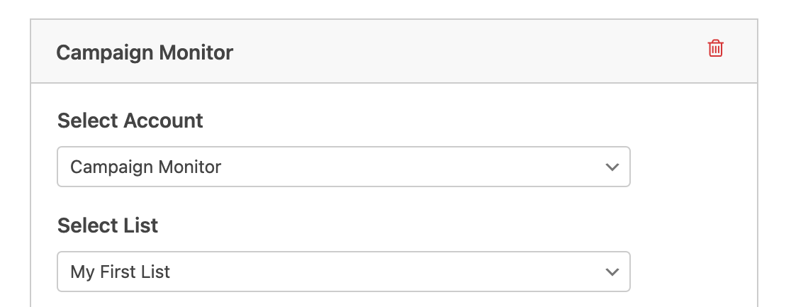 Selecting a Campaign Monitor account and mailing list for a connection