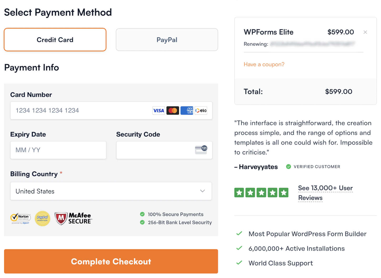 Checkout page for WPForms license renewal