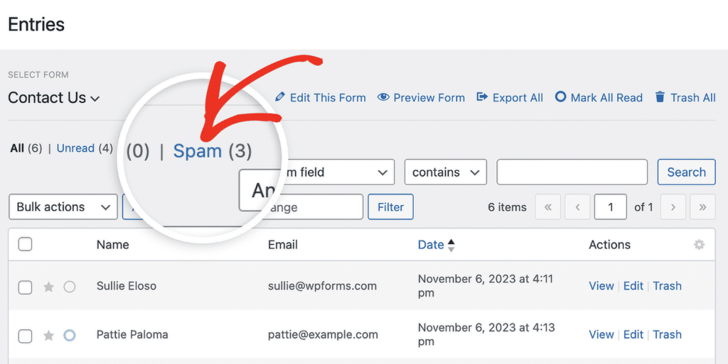 Viewing the spam entries of your forms