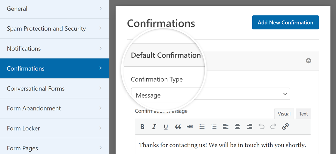 The form confirmations settings