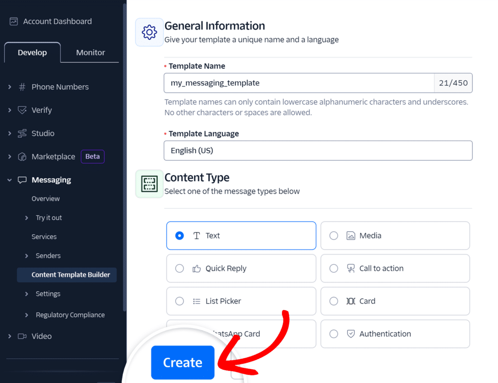 Create your content template in Twilio