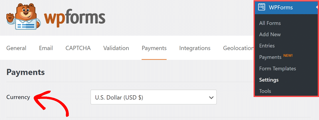 wpforms currency settings