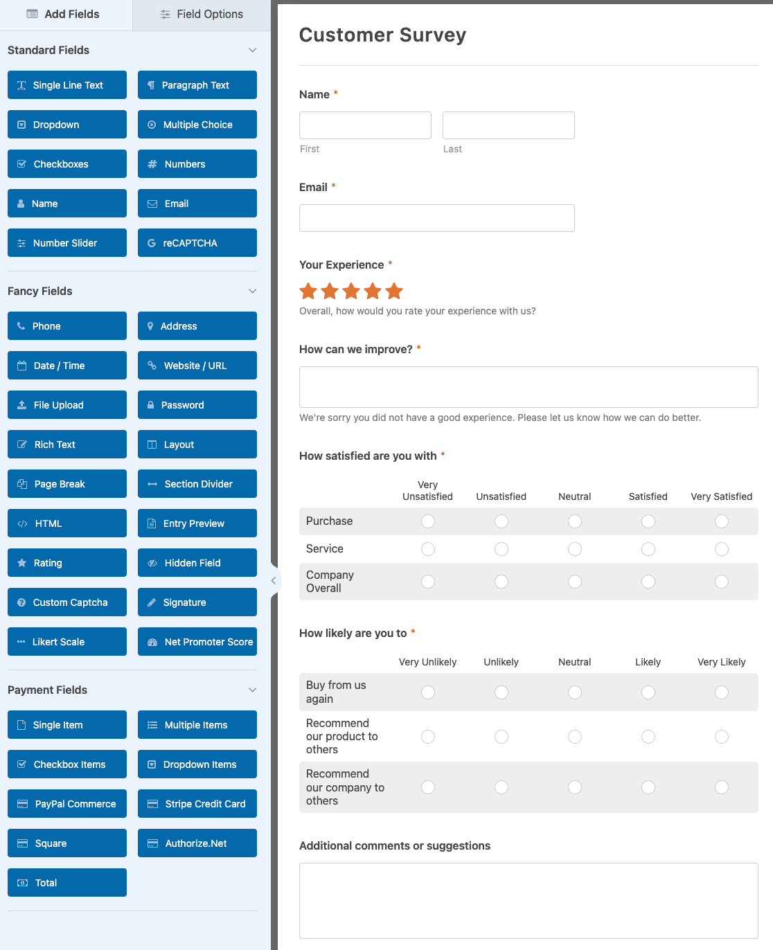 Customizing a customer feedback survey in WPForms