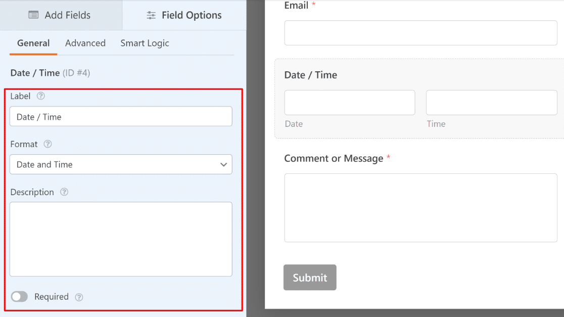 Date and time general field options