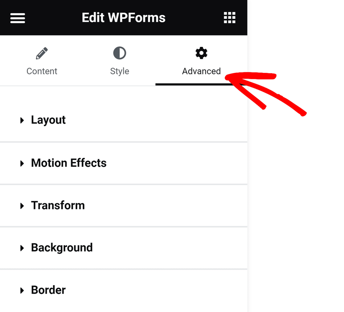 Opening the Advanced options for the WPForms widget in Elementor