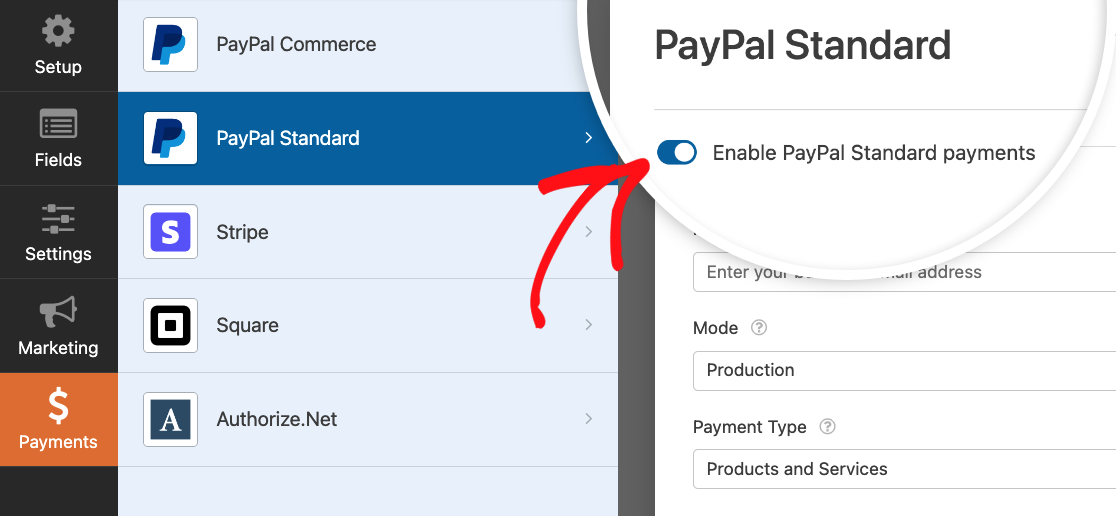 Enabling PayPal Standard payments for a form