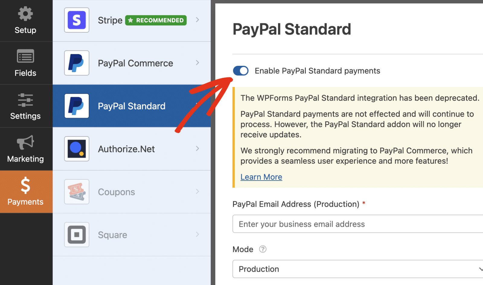 Enable PayPal Standard payments