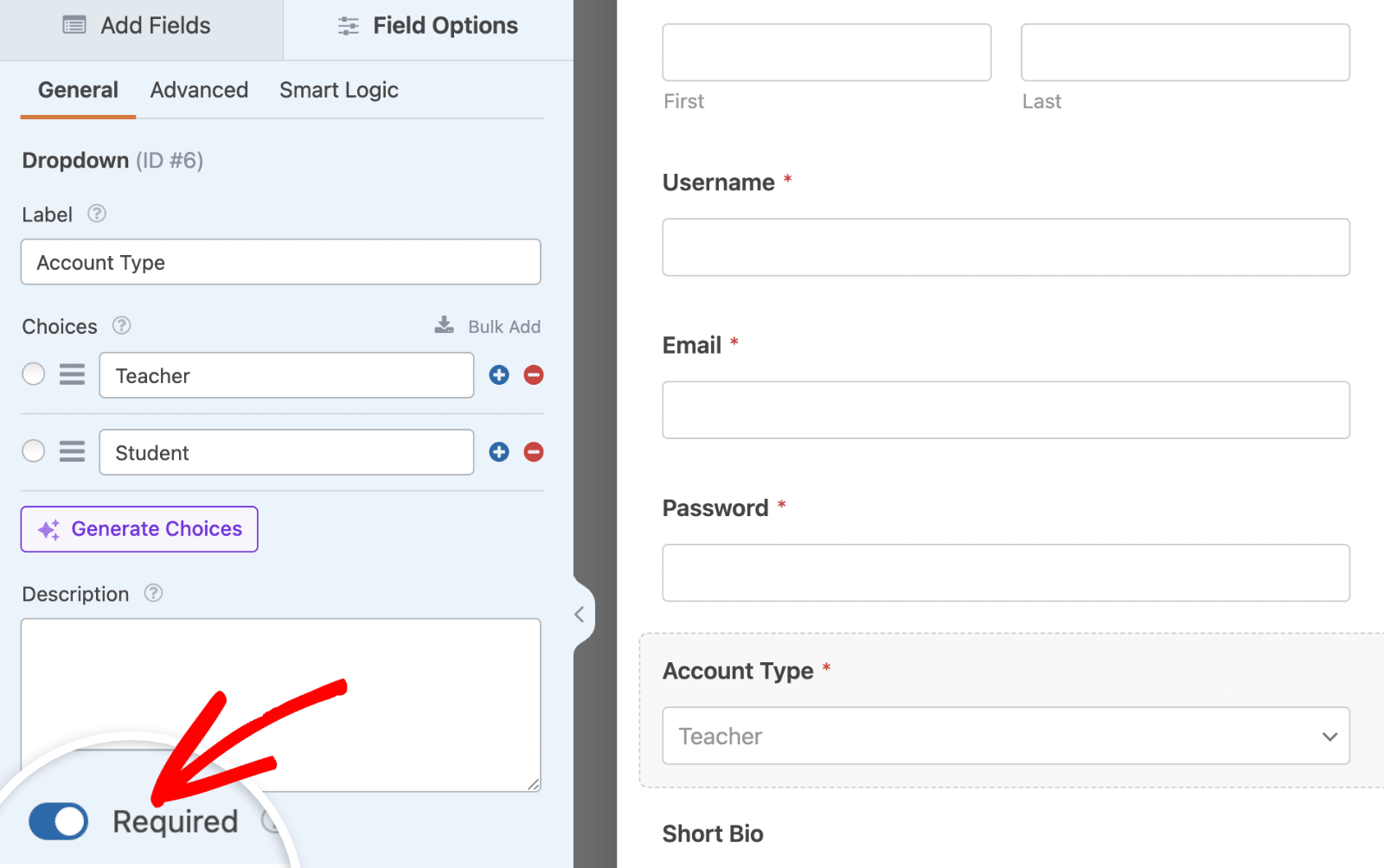 Make the account type field required to assign user roles conditionally