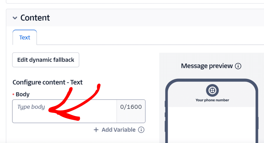 Enter the body text message in Twilio