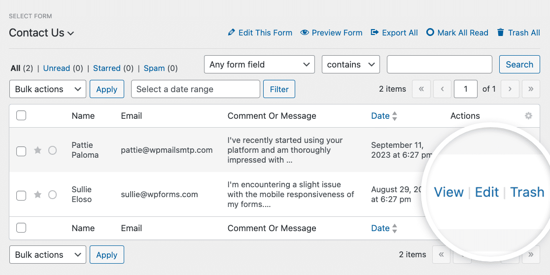 The Actions for a form entry