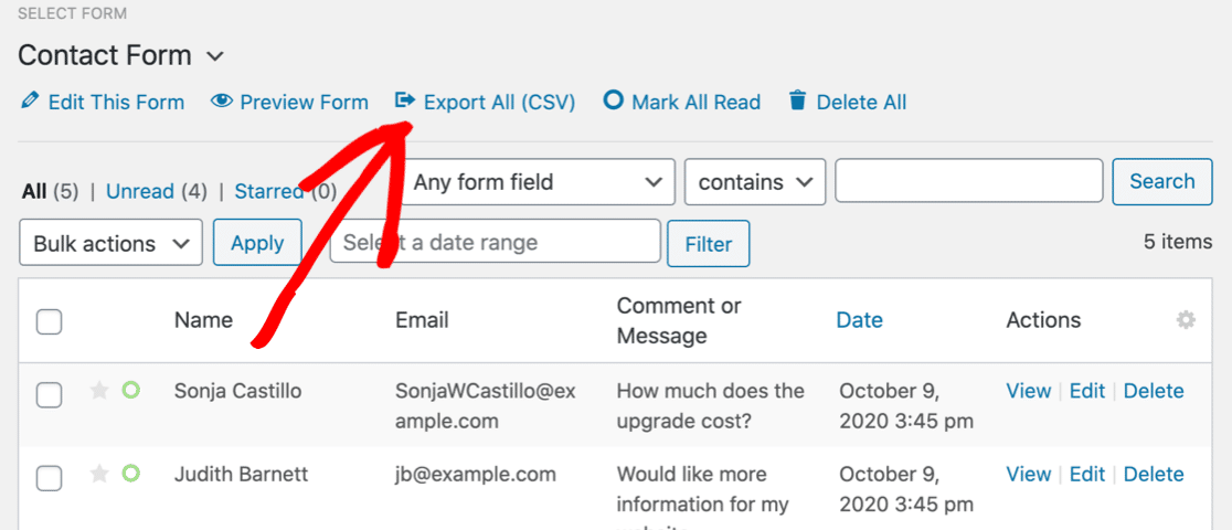 Export all WordPress contact form entries to CSV