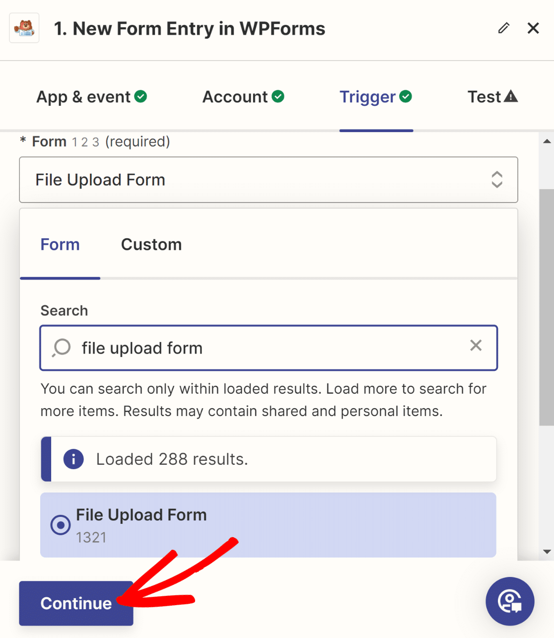 Setting file upload form as trigger