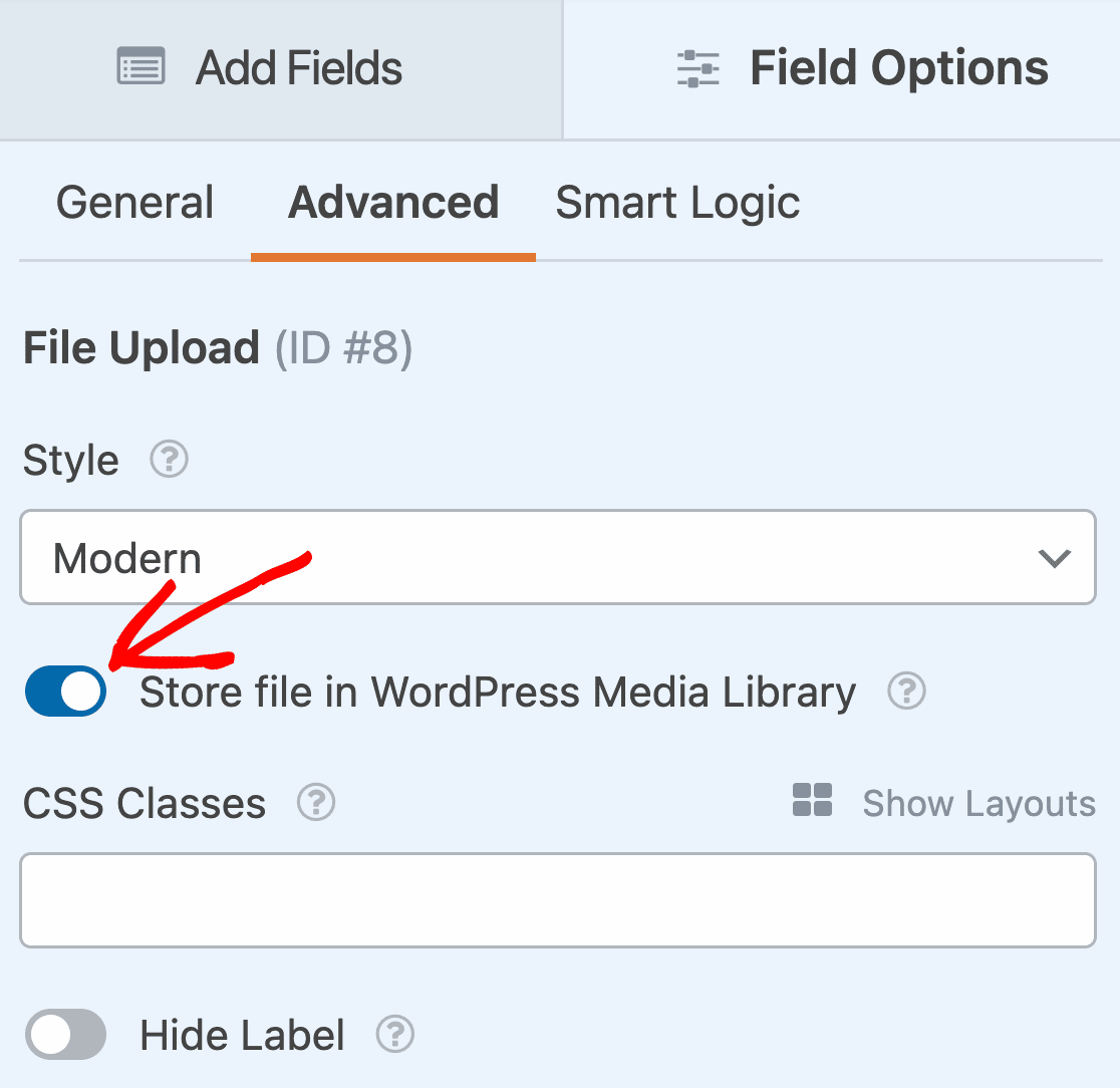 Enabling Media Library storage for the File Upload field