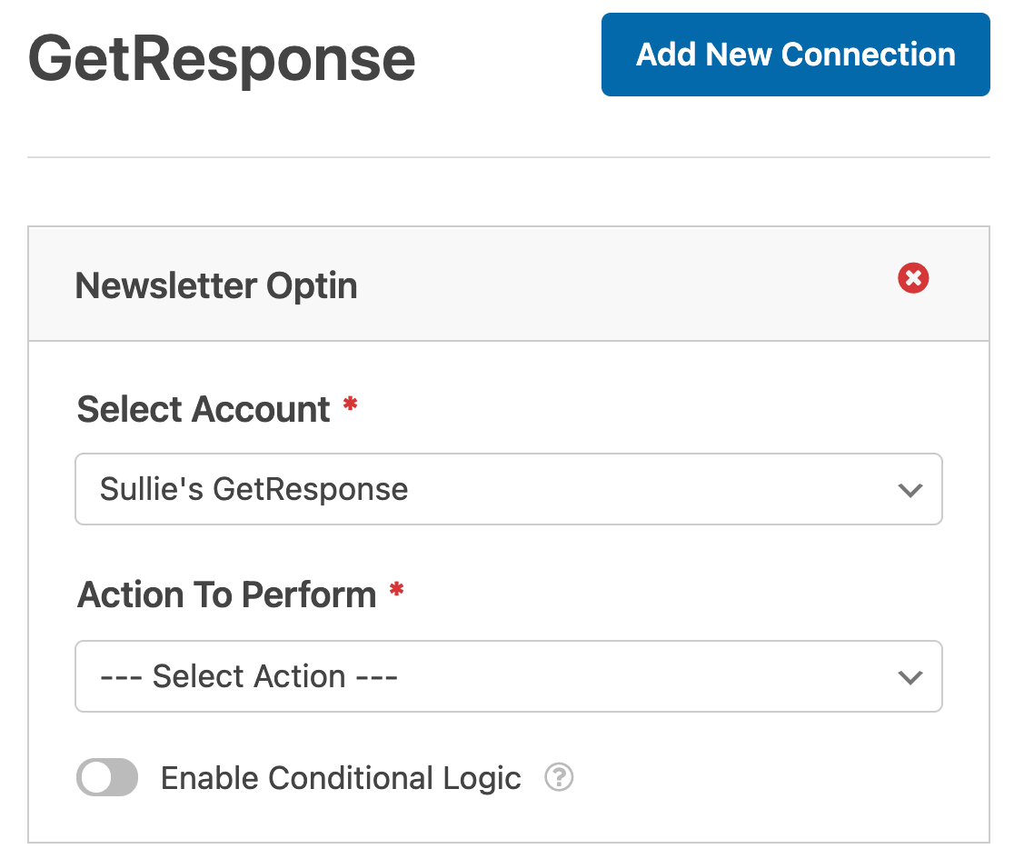 Selecting your GetResponse account from the form marketing settings