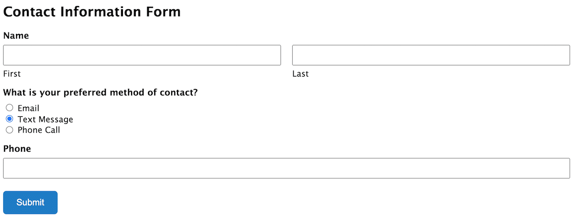 A conditional logic form created with Gravity Forms