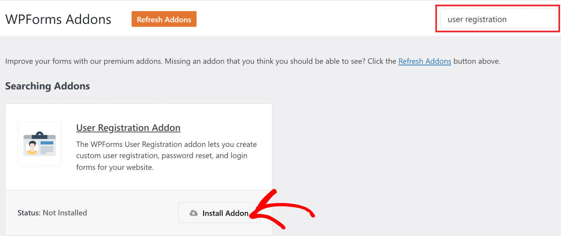 Install user registration addon