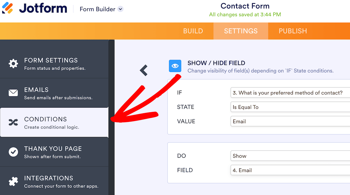 Applying conditional logic in JotForm