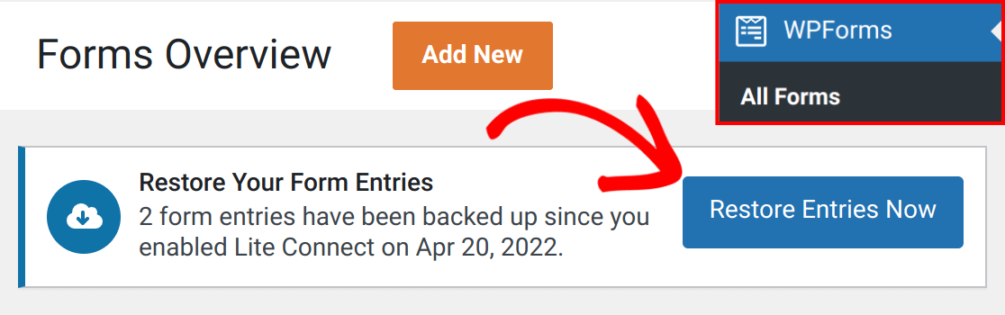 Lite Connect restore entries notice