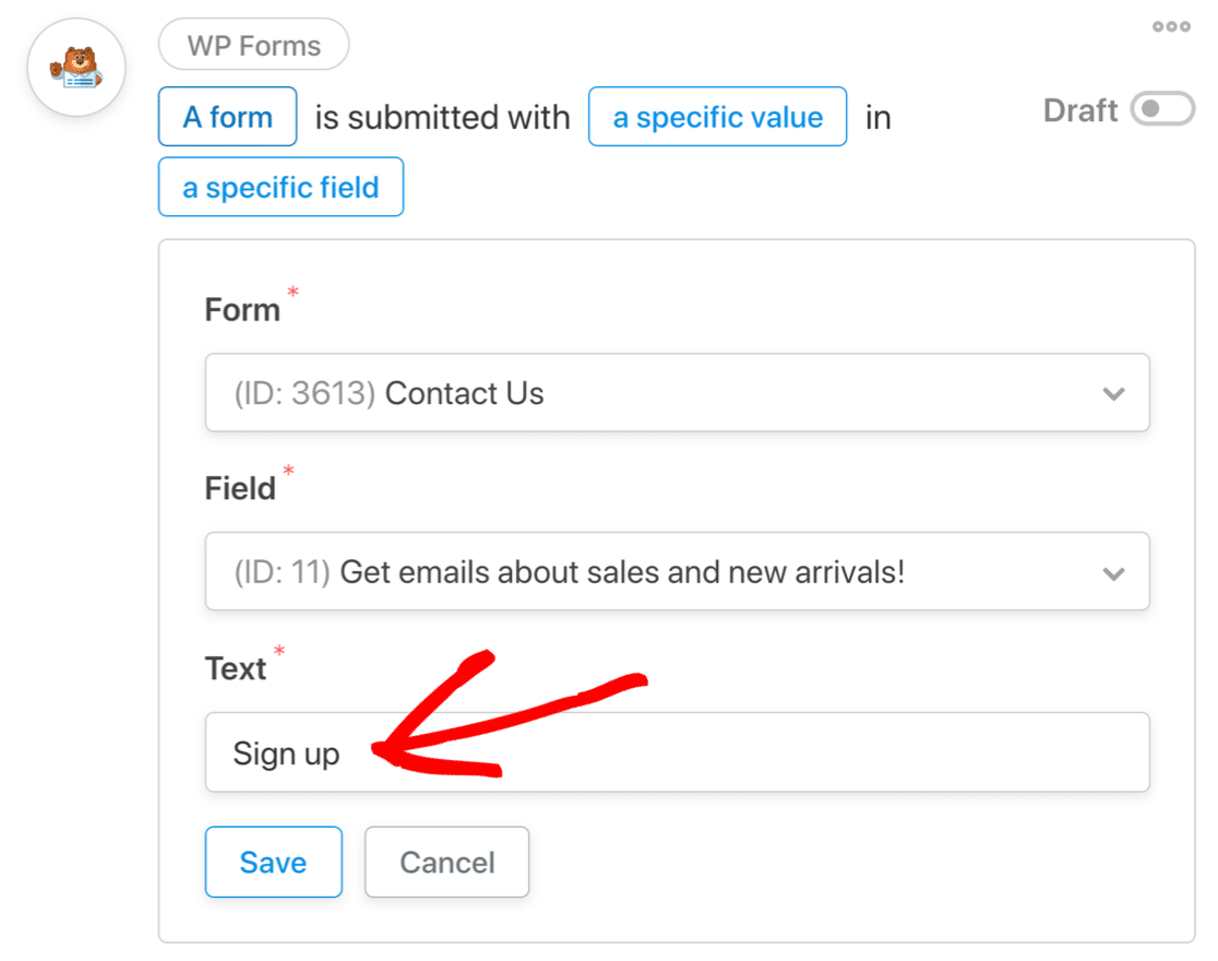 Specific field value in WPForms