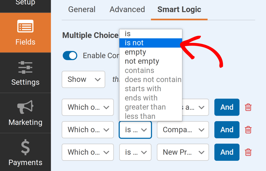 Set the comparison to is not