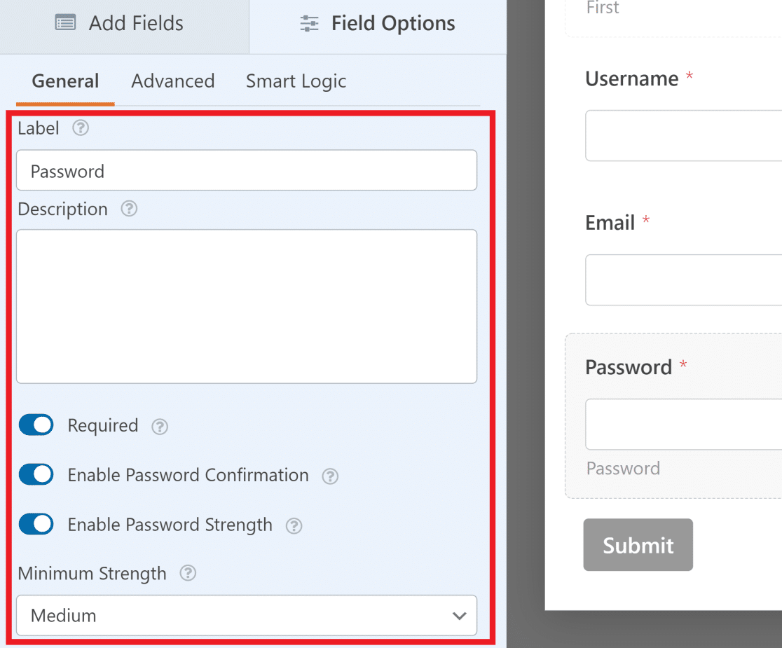 Password field options