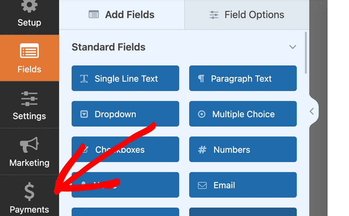 Click the Payments option to enable payments on your form