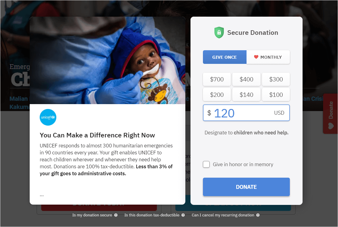 popup donation example