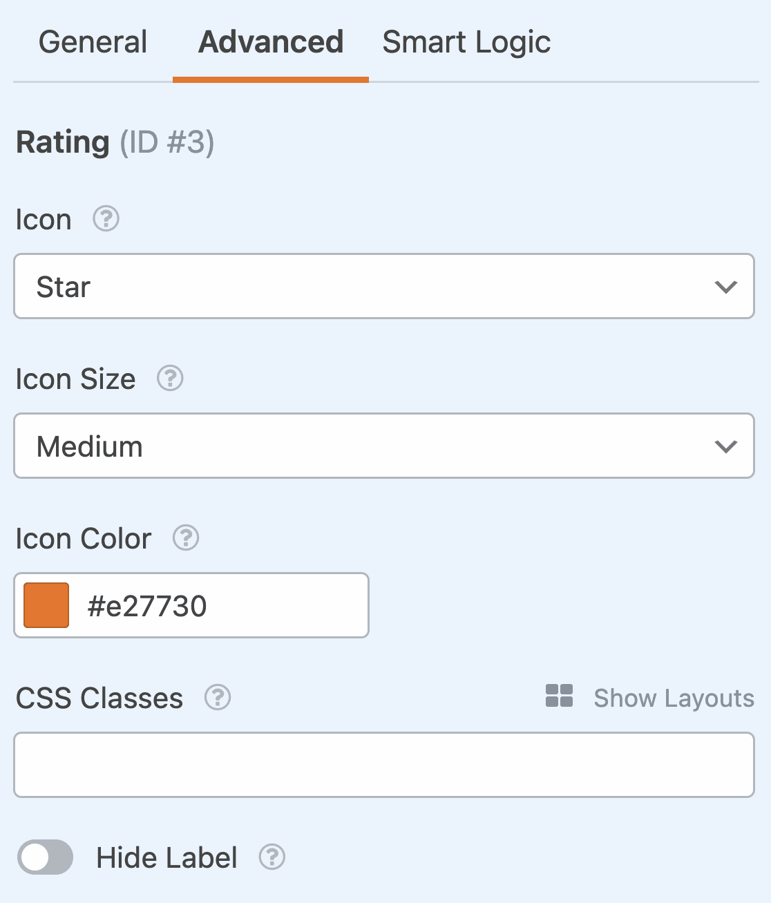 Customizing the advanced options for a Rating field