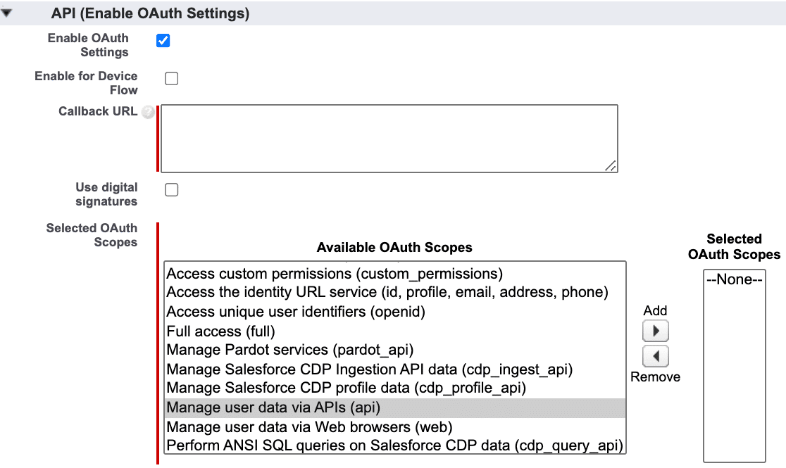 The OAuth settings in Salesforce