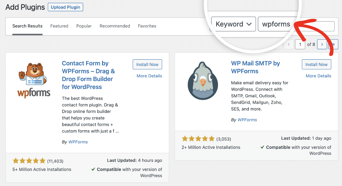 Searching for WPForms on the WordPress Plugins page