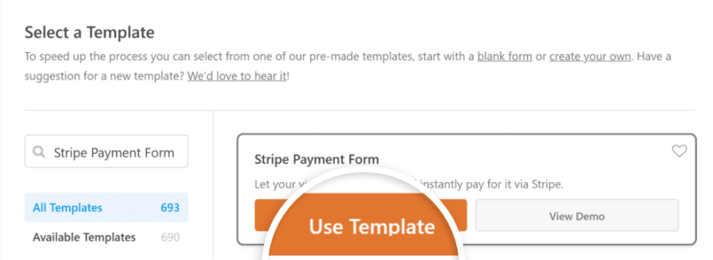 Select the Stripe payment form template