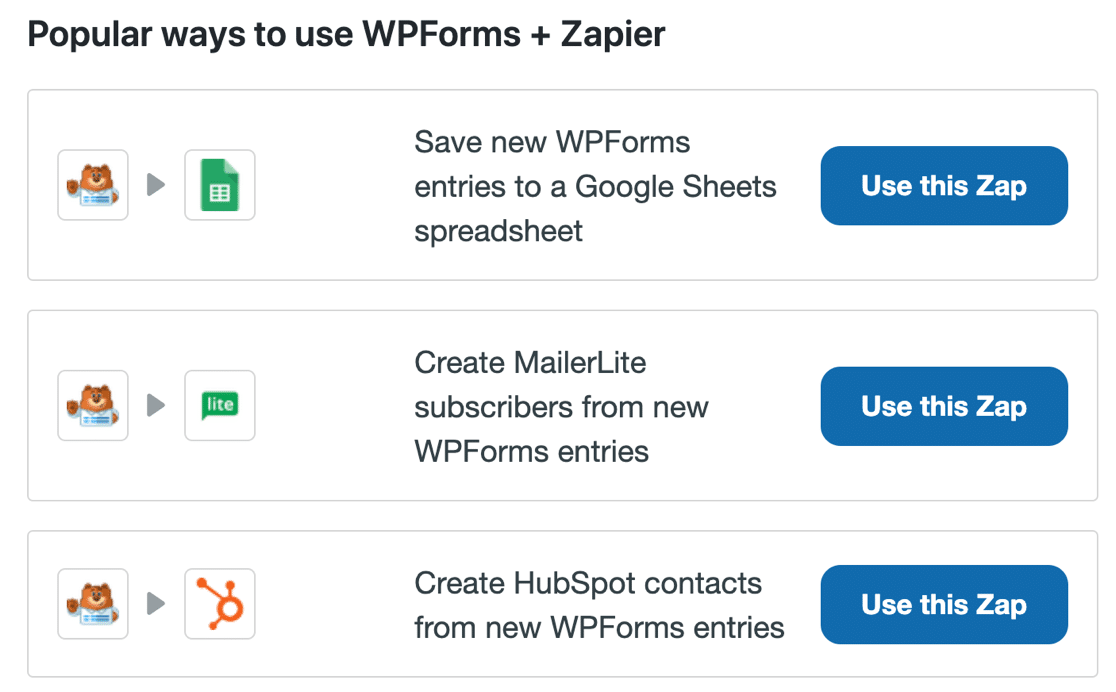 Example Zapier Zaps in WPForms