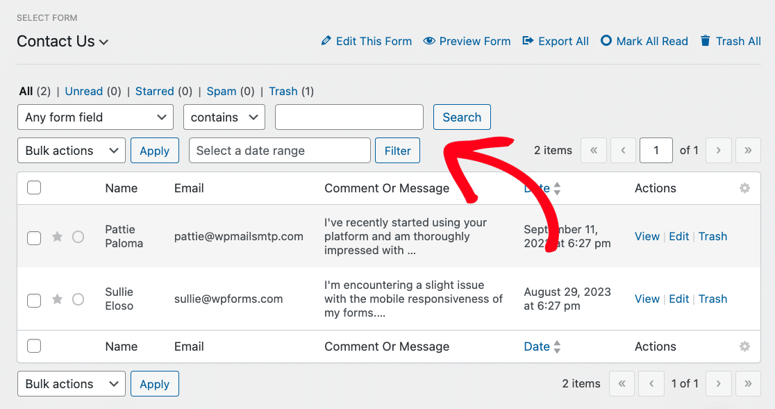 Filtering entries for a form