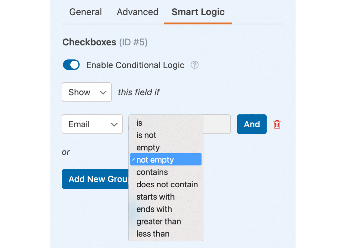 Set up first conditional logic rule