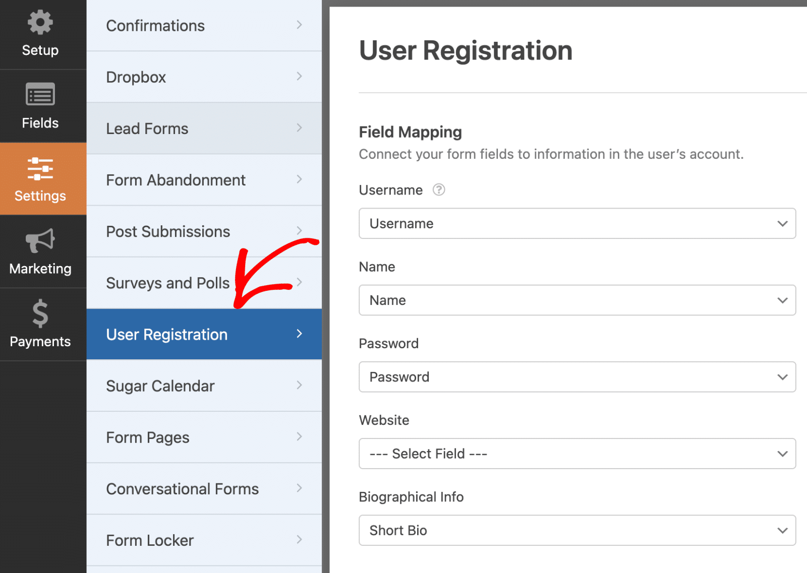 Access User Registration addon settings