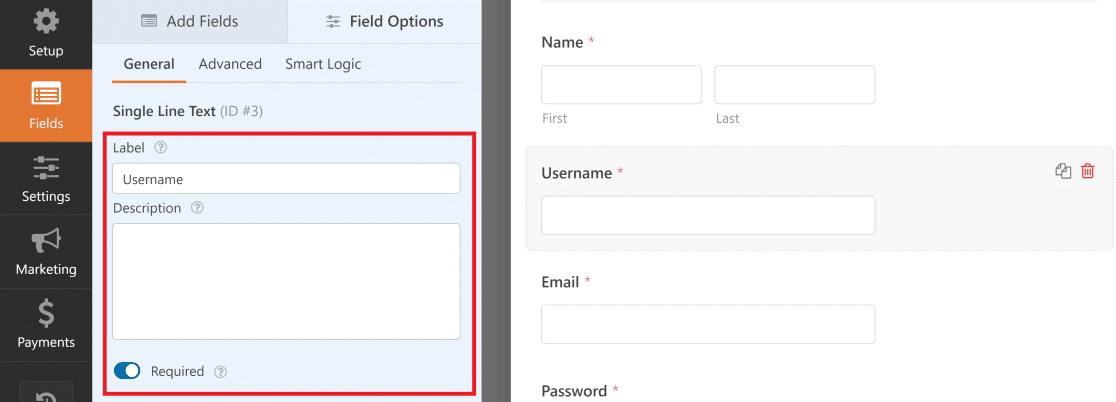 Single line text username field