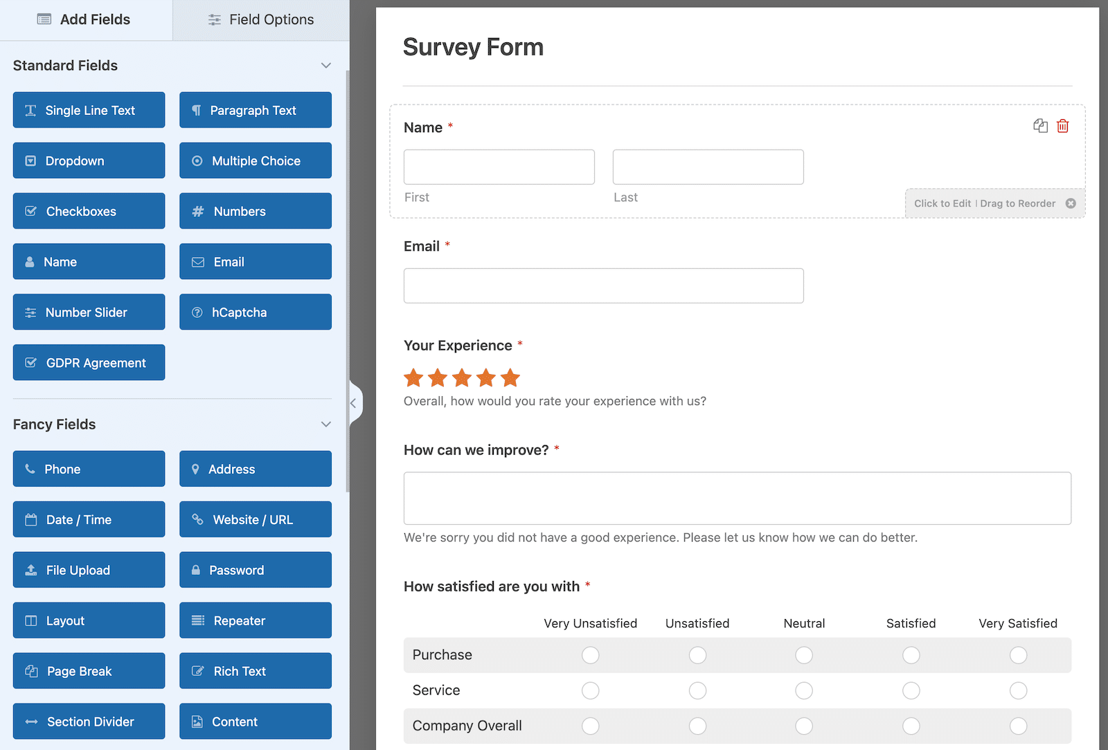 Survey Form template loaded in the WPForms form builder