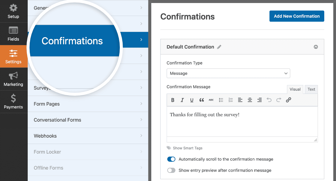 Opening the Confirmations settings for a survey form