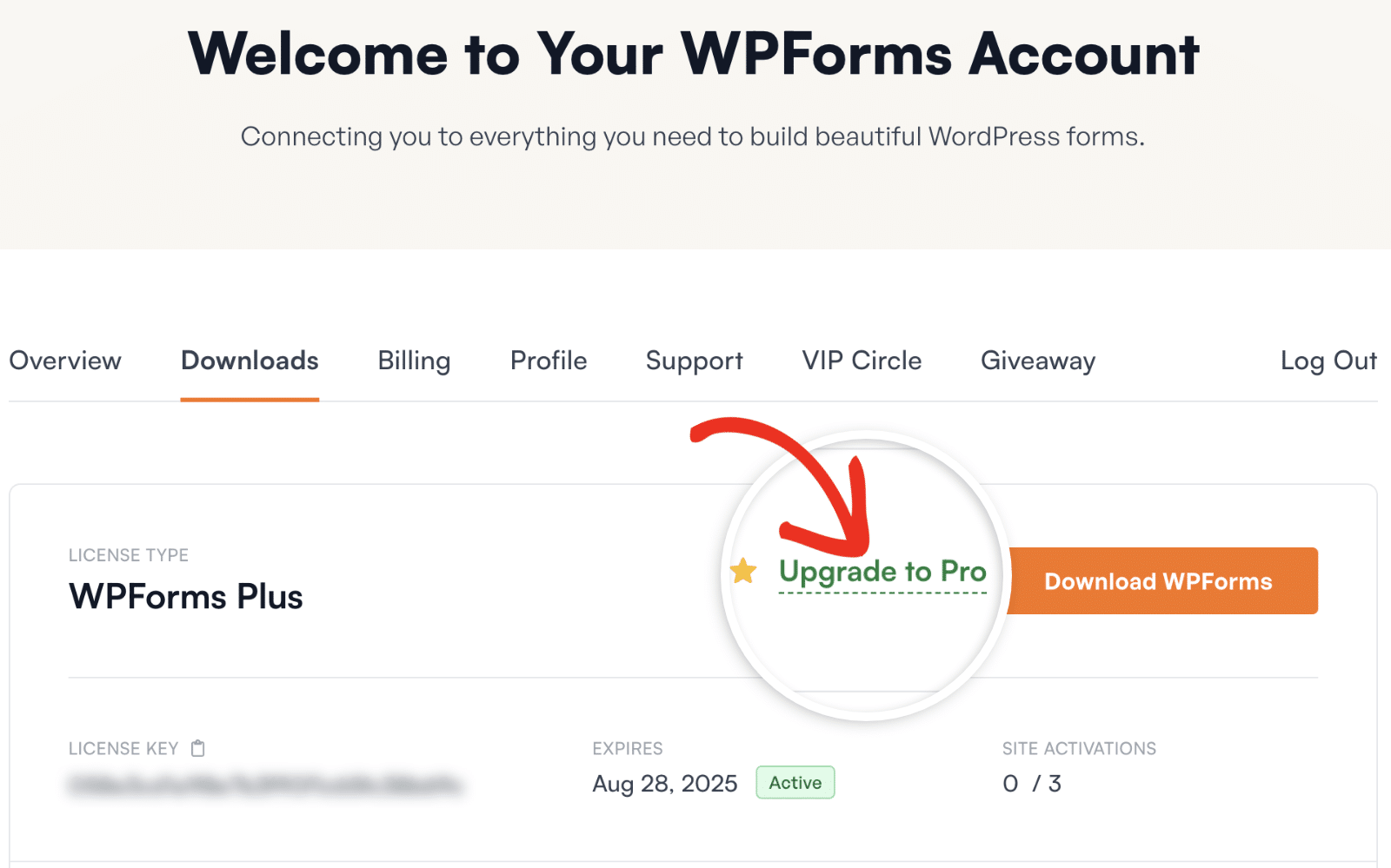 Upgrade to WPForms Pro license level