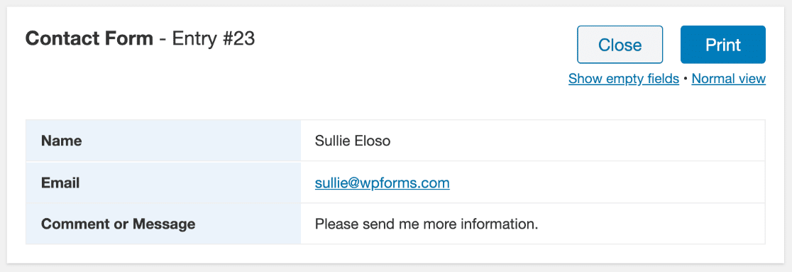Compact view of WordPress form entry in print preview